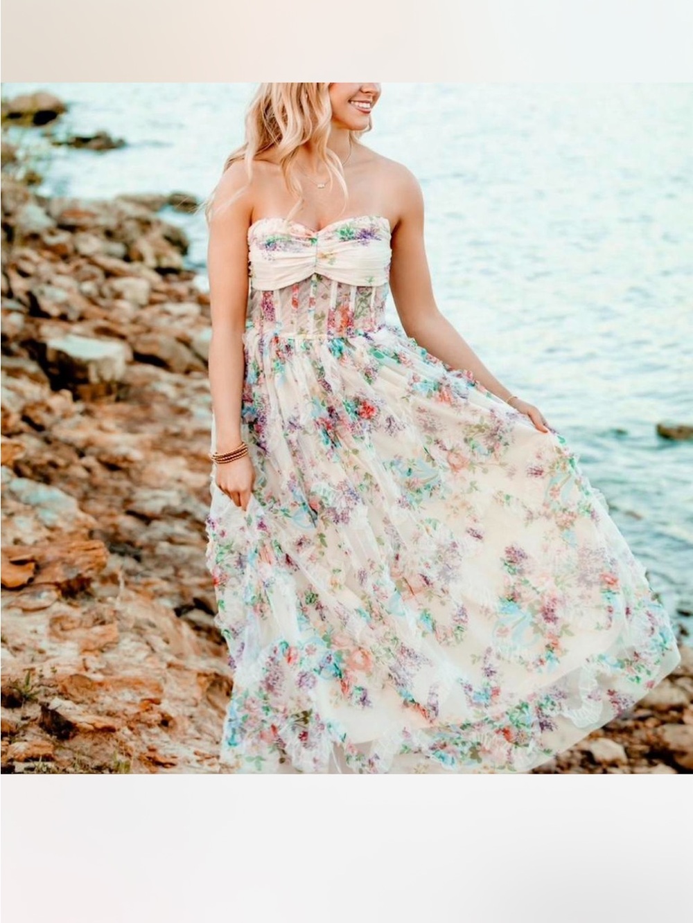 Strapless Floral Maxi Dress in Cream